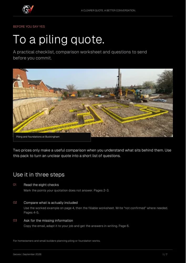 Cover of the Geovex piling quote guide, with a checklist, comparison worksheet and questions to ask before committing